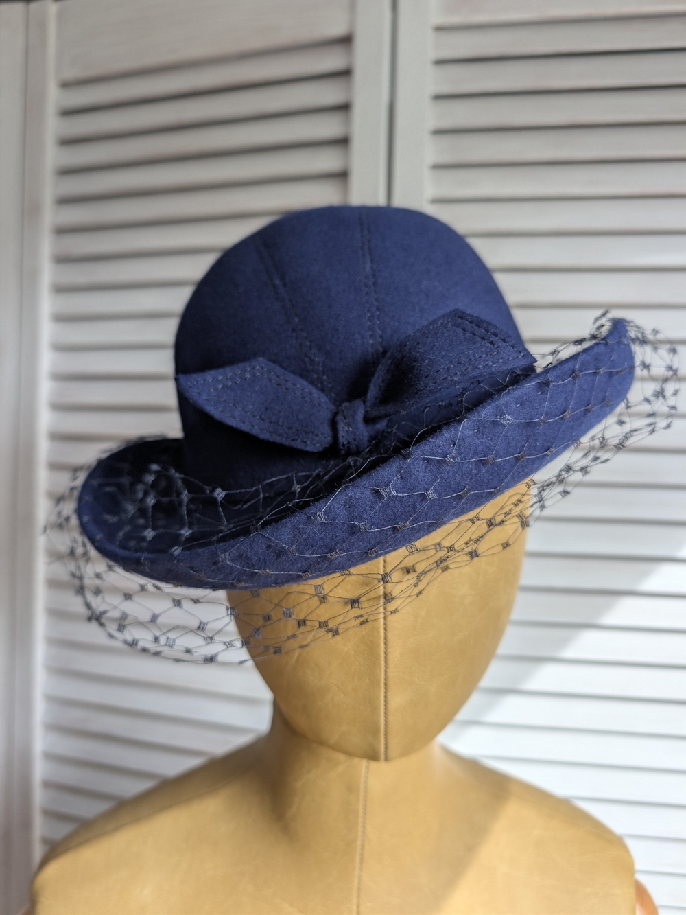 Classic Vintage Navy Veiled Wool Hat - Women Accessories